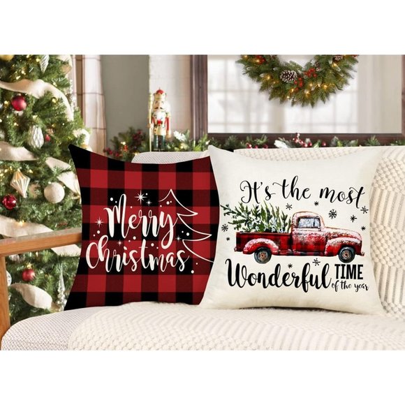 18''x18'' 4 Red Black Farmhouse Emotion Buffalo Check Christmas Pillow Covers - Picture 4 of 10